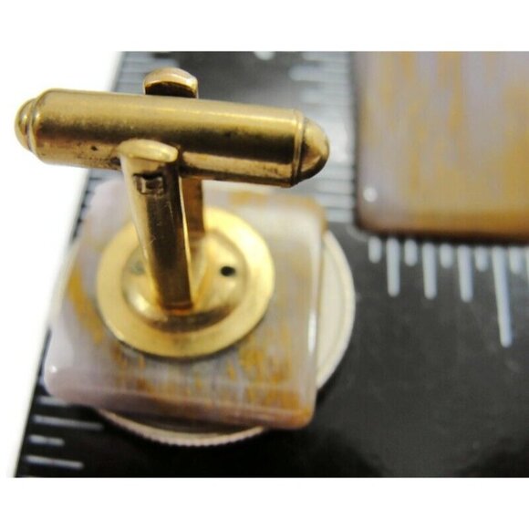 Brown Marble Cufflink & Neck Tie Clip Set Gold Tone Shirt Wedding Tux Vtg - Picture 7 of 8